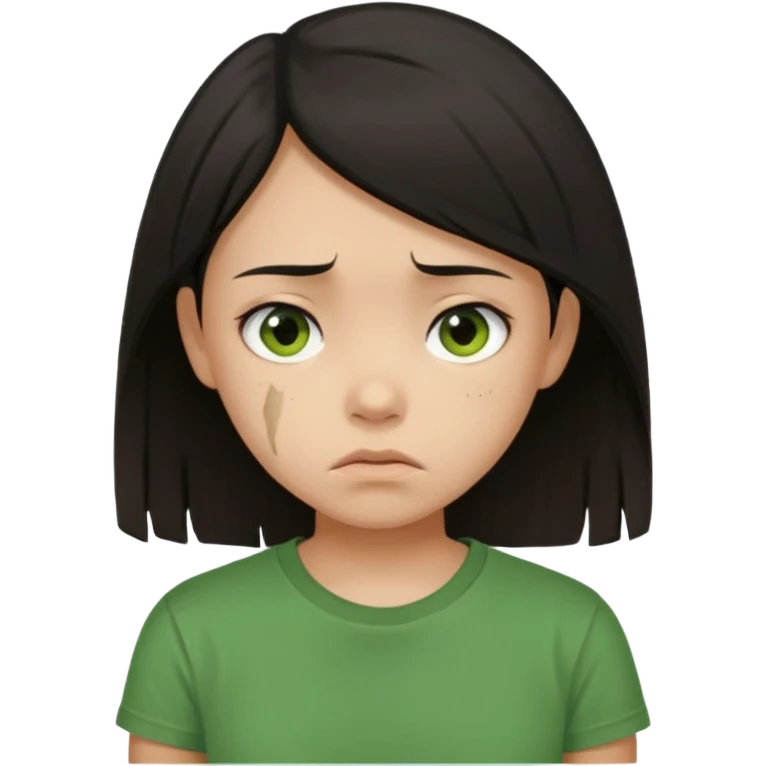 Young girl with straight, dark hair, damaged and unattractive, wearing a green T-shirt, with a sad and subdued expression. emoji