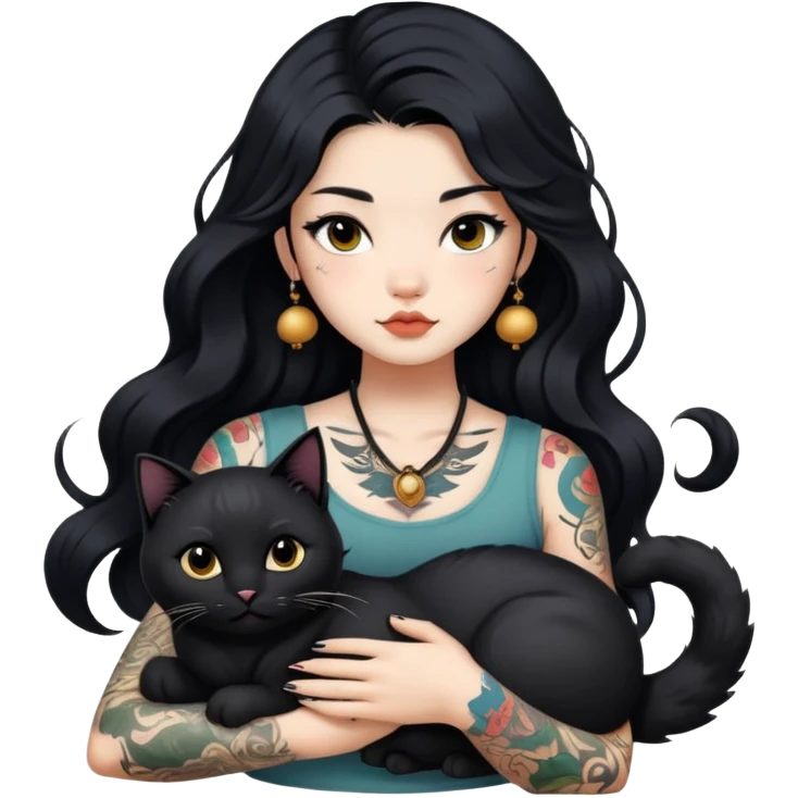 a Chinese girl with long black  Big Wave hair and tattoos and a black round faced cat  emoji