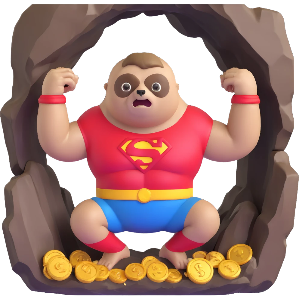 Sloth from The Goonies, muscular friendly man with distorted face, large eye, wearing red Superman shirt in a cave with treasure emoji
