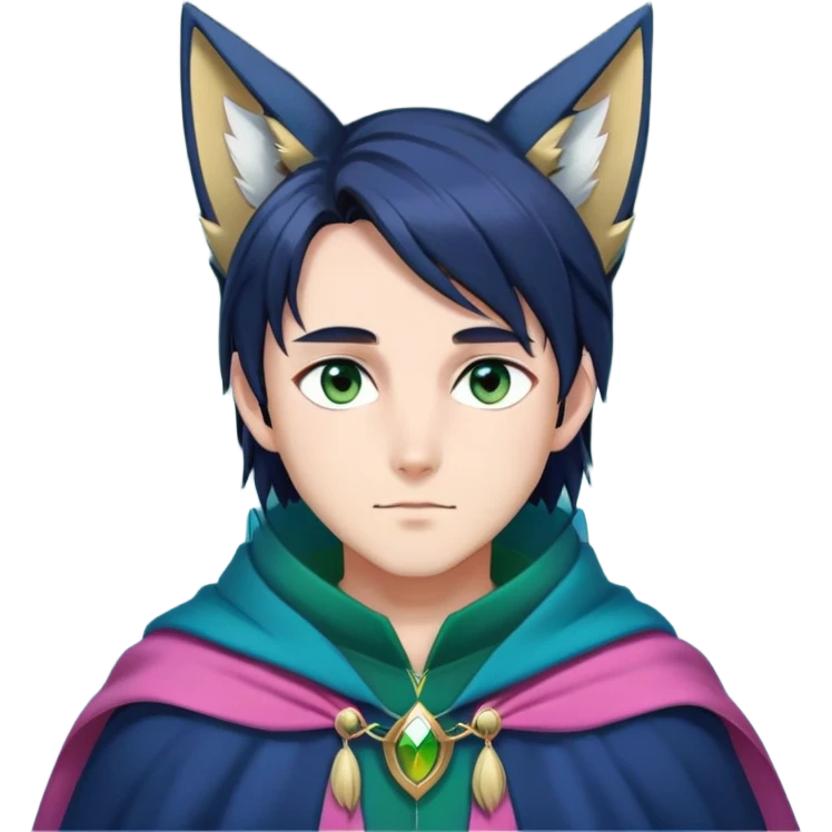 anime man with straight long dark-blueish-black-gradient hair, long black fox ears with pink Scapha, hazel-gradient-brown-turquoise eyes, gold earring, dark-blue-sweater, green cape,  emoji