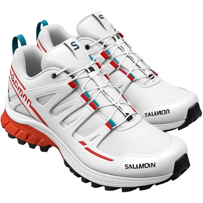 Clean white Salomon XT-6 sneakers with prominent colored Salomon logo stripe in the middle, one behind the other, iOS emoji style, white design with only the middle brand stripe in color emoji
