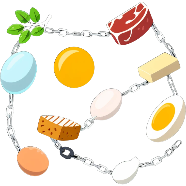 Close up of vibrant protein foods (meat, egg, beans, tofu, yogurt) connected in a chain or cluster, glowing and unified, floating together in a warm light. emoji