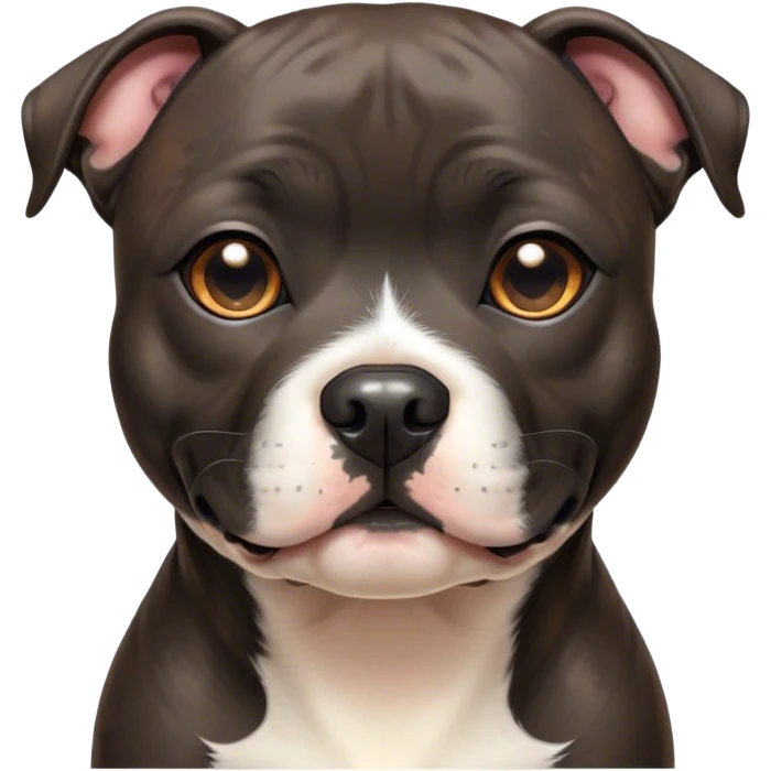 Cinematic Cute Black/Brindle Staffordshire Bull Terrier Portrait Emoji, Head tilted playfully and inquisitively, featuring a glossy Fur with a dynamic mix of black and brindle, round, sparkling dark eyes filled with curiosity, Simplified yet irresistibly adorable features, highly detailed, glowing with a warm, friendly glow, high shine, affectionate and spirited, stylized with a touch of whimsy, bright and endearing, soft glowing outline, capturing the essence of a mischievous yet loving pup, so playful it feels like it could bound out of the screen and into your arms! emoji