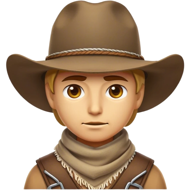 Clash of Clans aesthetic friendly Cowboy Portrait Emoji, With a rugged yet stylized build wearing a classic wide-brimmed hat and bandana, his face rendered in a natural skin tone (not yellow), determined eyes and a steely gaze, Simplified yet dynamic features, highly detailed, glowing with a warm, sunlit frontier radiance, high shine, brave and spirited, stylized with an air of Wild West heroism, focused and ready, soft glowing outline, capturing the essence of a fearless cowboy adventurer ready to ride into epic quests! emoji