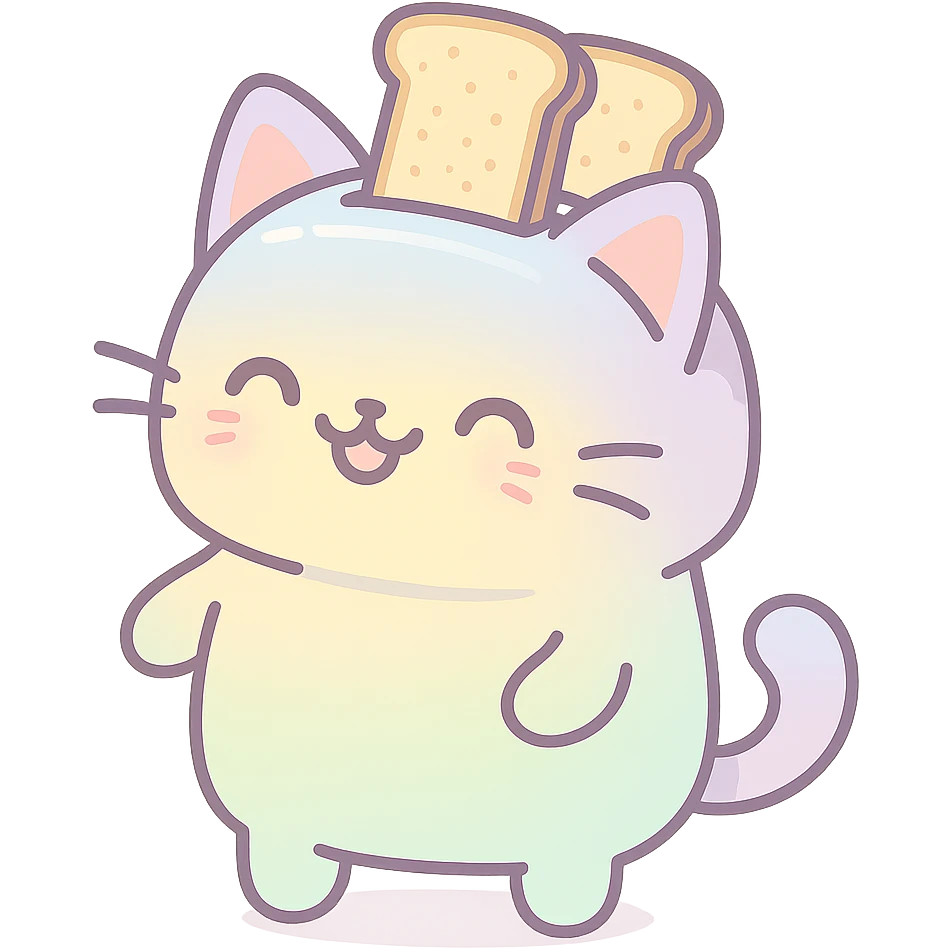 pastel kawaii cat with toaster features, two toast slices popping out, smiling, full-body emoji
