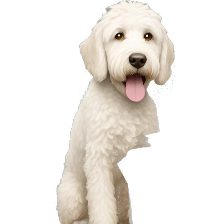White labradoodle digging in kitchen garbage  can emoji