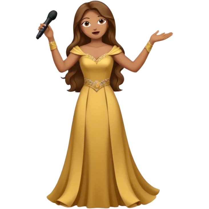 woman opera singer singing with long brown hair and golden dress and entire body emoji