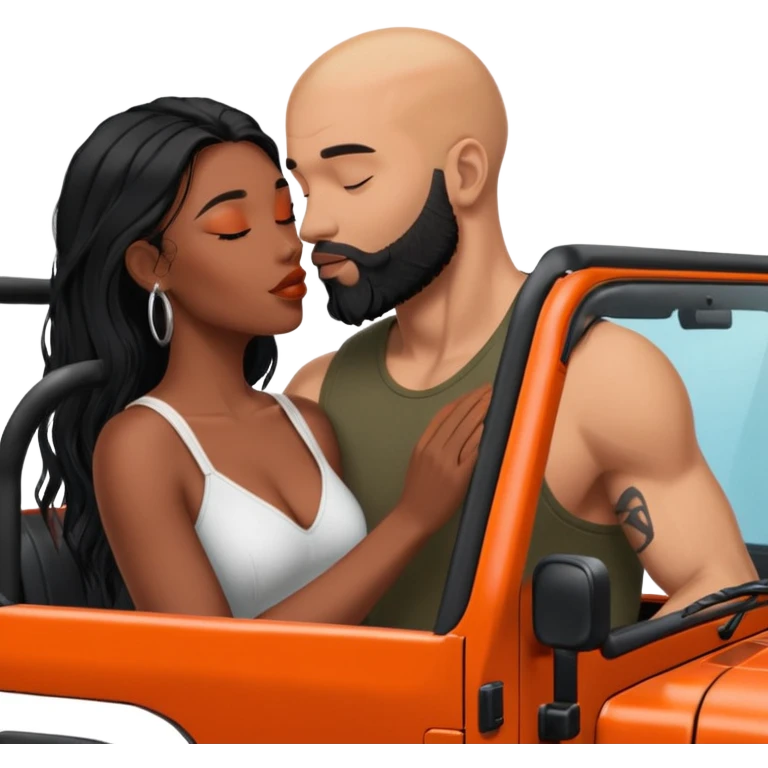 Intimate moment between lovers, JetSetFly, photo Realistic Couple, black woman with long black balayage hair is kissing bald white muscular man with orange facial hair and beard in a red Jeep Wrangler  emoji