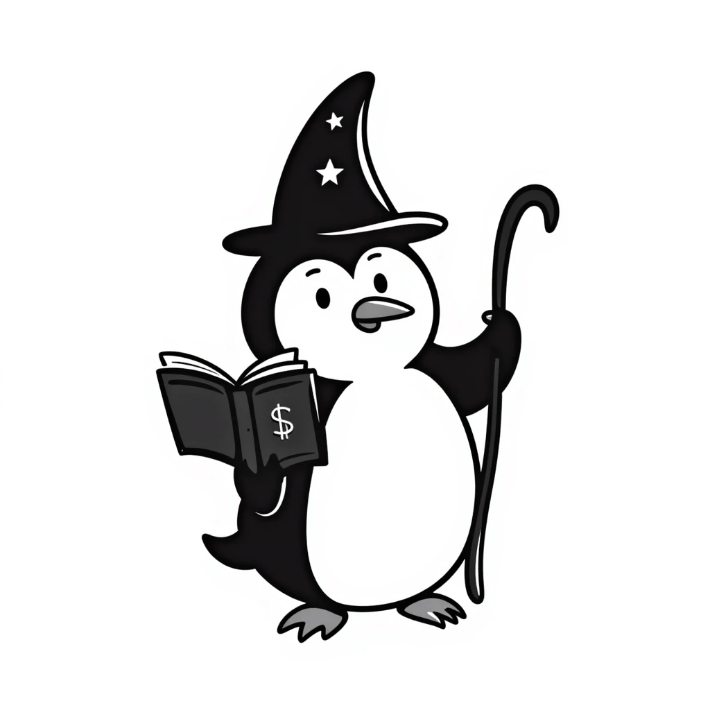 Penguin wizard with pointed hat, magical staff, and spell book emoji