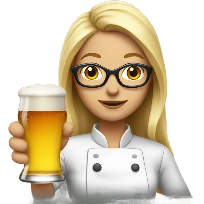 Female chef with long blonde hair and glasses. Holding beer and horses emoji