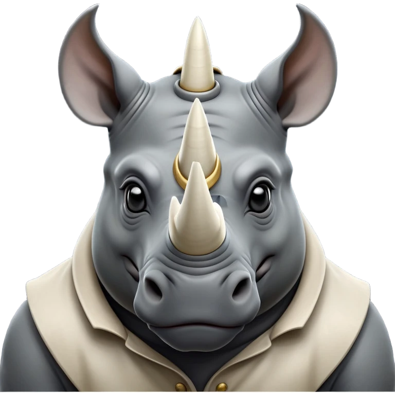 cinematic-noble--rhinoceros-portrait-emoji,slate-grey-hide--poised-and-regal,-with-a-massive,-powerful-build-and-a-thick, ivory horn, -deep-set-soulful-piercing-eyes,-simplified-yet-sharp-and-sophisticated-features,-highly-detailed,-large-black-eyes, zoomed out showing shoulders emoji