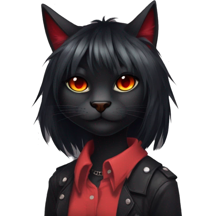Anthro Edgy Cool Beautiful Black Cat-Fursona with Emo Hair-bangs with Red Streaks emoji
