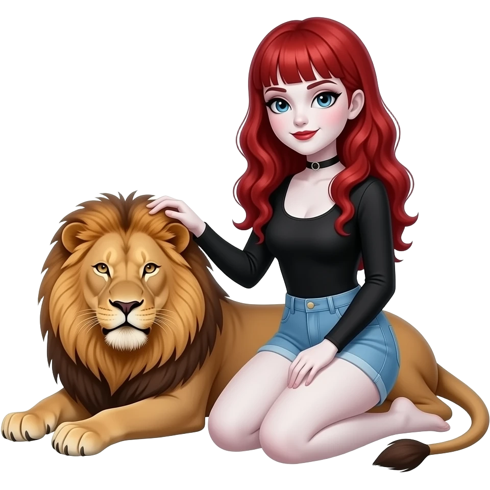 Vampiro femmina con pelle bianca capelli lunghi  rossi ondulati e la frangetta che indossa jeans chiari corti , un top nero con maniche lunghe e anfibi seduta che sta accarezzando un leone sdraiato emoji