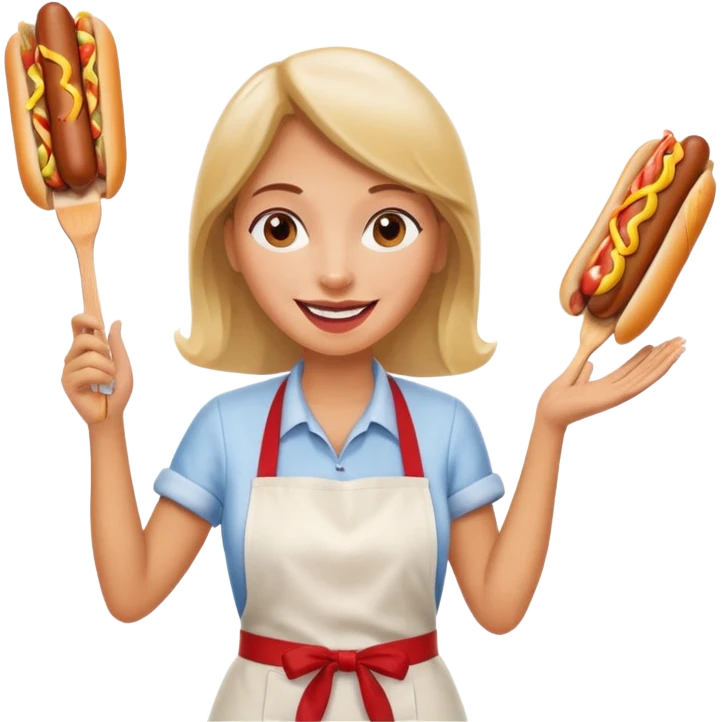 A cheerful woman selling hotdogs, waving a tongs in one hand. emoji