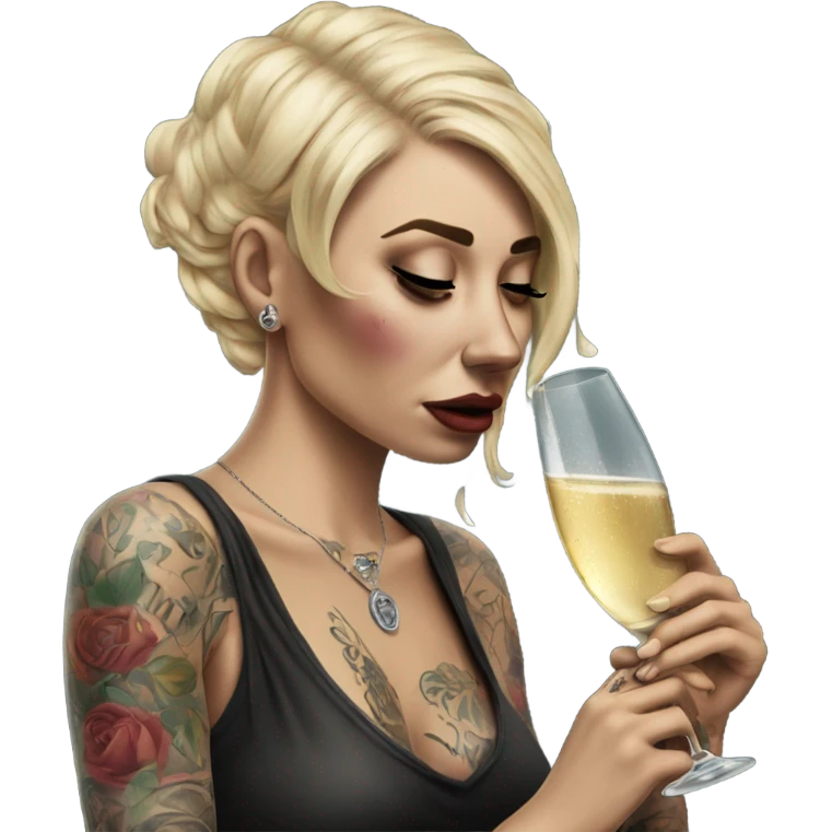 Hyper Realistic Beautiful tattooed woman crying sadly holding champagne  emoji
