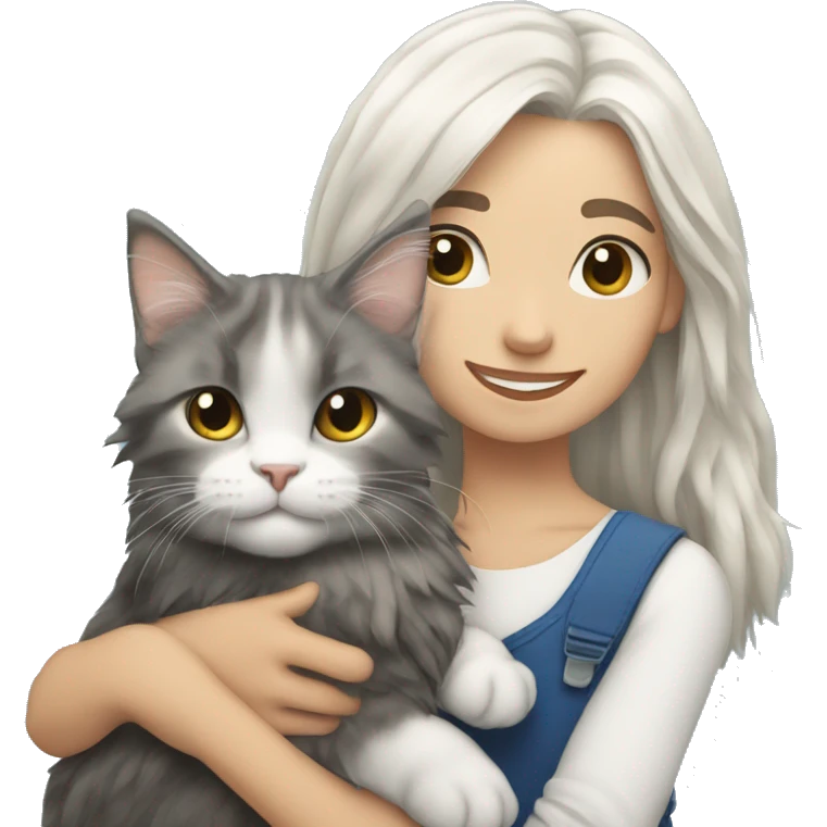 A girl with white hair holds a Maine coon cat in her arms emoji