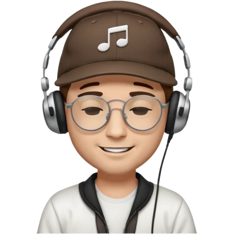 dj man white with baseball cap - rayban glasses - brown hair - closed eyes with headphones on with musical note over head (listening to music ) emoji