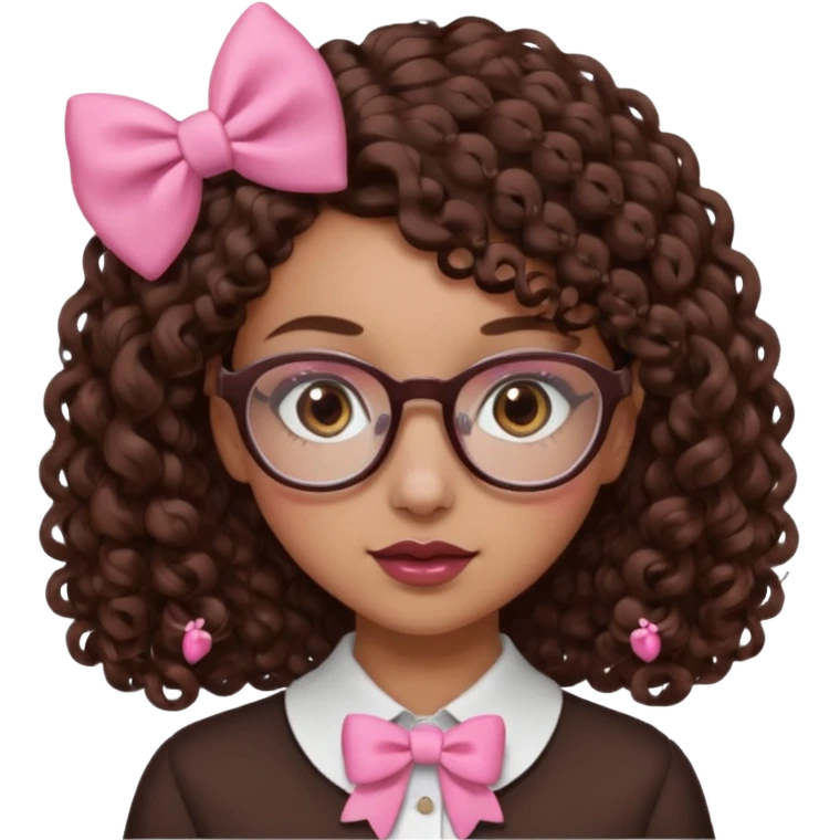 medium-lightskin girl with medium length chocolate brown side part curly hair, pink and white bow on the side, with brown glasses, brown eyes, noes piercing emoji