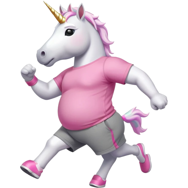 friendly anthropomorphised male white unicorn with an extra chunky, very strong and stocky build, arms and legs matching the white of the head, in grey shorts and pink t-shirt, wearing dark sunglasses, jogging upright in a standard pose emoji