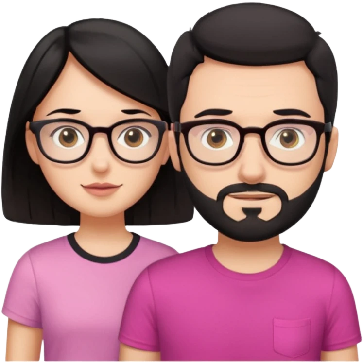 chico con gafas y barba corta moreno al lado una chica pelo negro piel blanca y camiseta rosa ojos marrones emoji