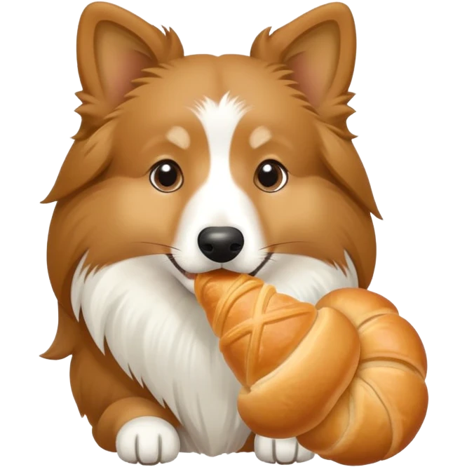 Light Shetland sheepdog eating croissant emoji