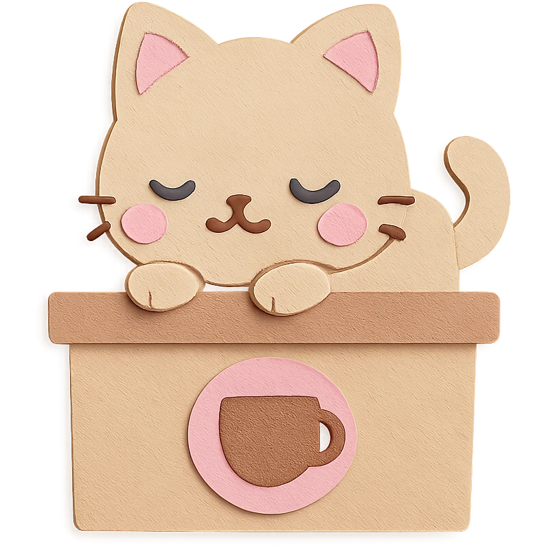 chibi café cat laying on coffee counter, soft pastel kawaii style emoji