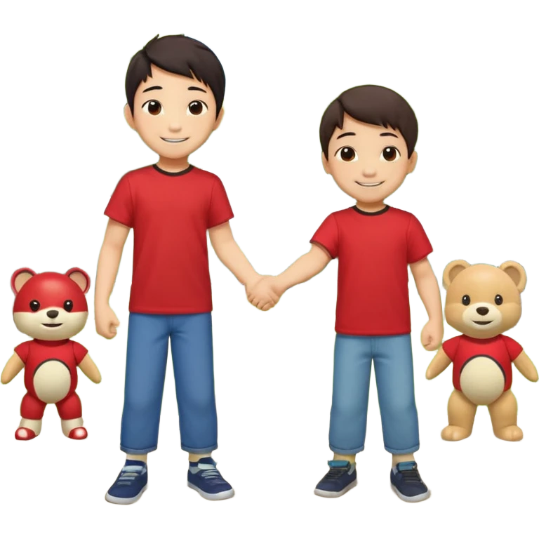 A cute 4-year-old Japanese boy with a big proud smile, shaking hands with another boy to make up after a fight, in a sunny park. Toys on the ground, both looking happy and relieved, warm friendship vibe, cartoonish style, vibrant colors, high detail. emoji