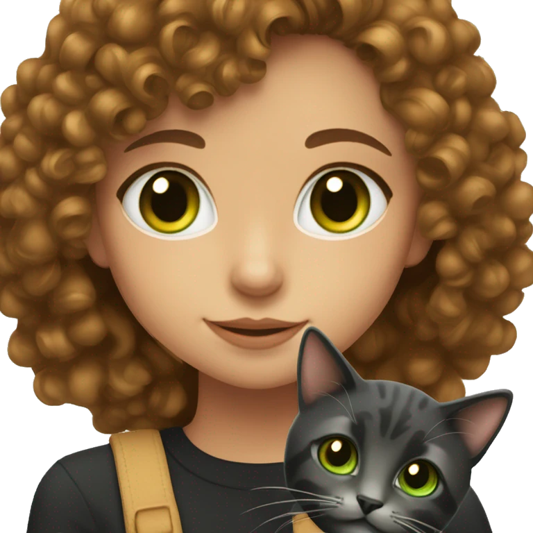Girl with curly dark brown hair and green hazel eyes with black merled cat emoji