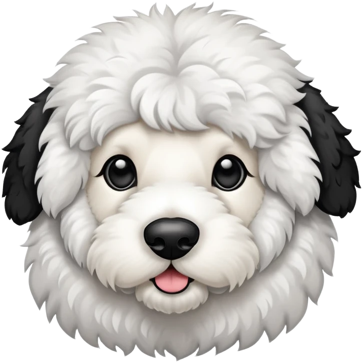 Generate an image of a sheepadoodle who is mostly white with black areas. emoji