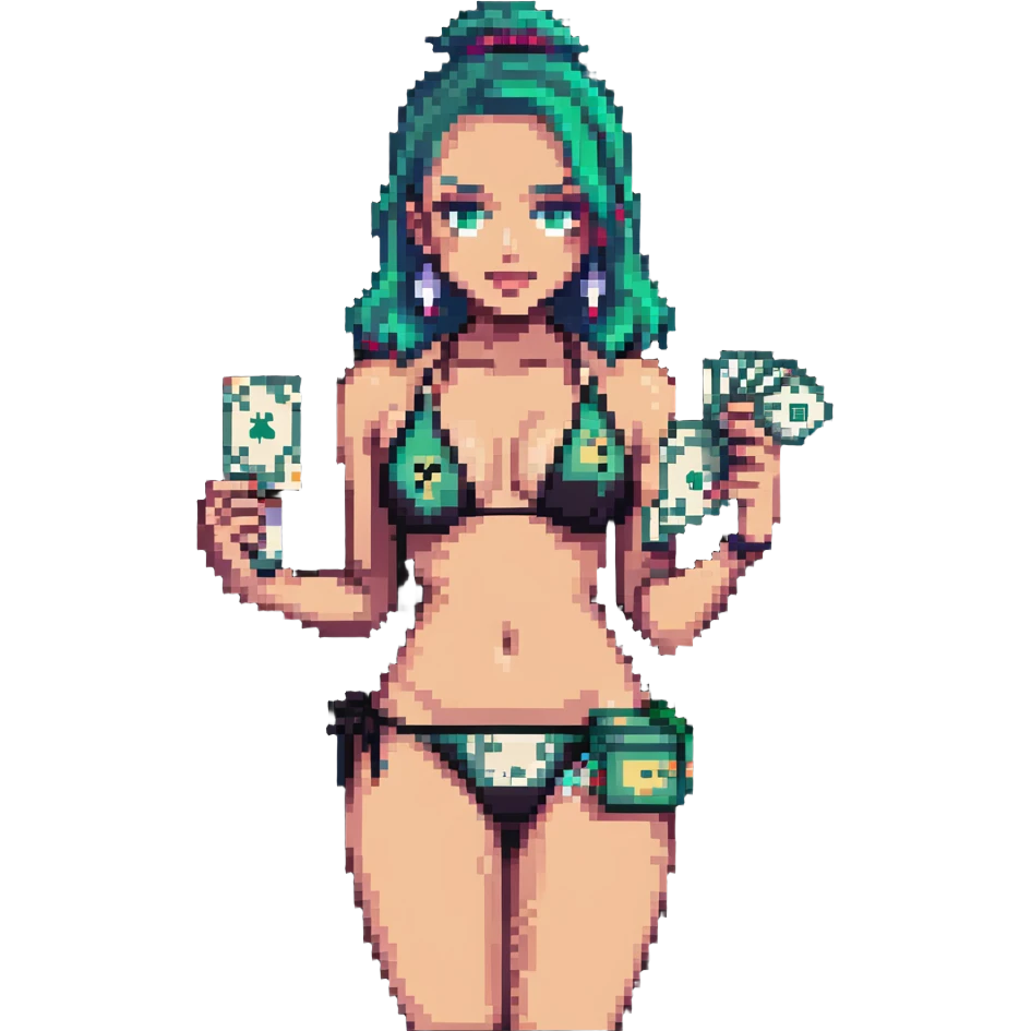 gangster in a bikini, holding a wad of cash emoji