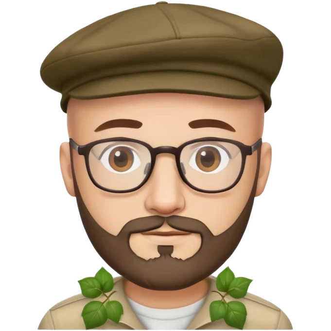 bald man with glasses brown eyes beard ivy cap emoji