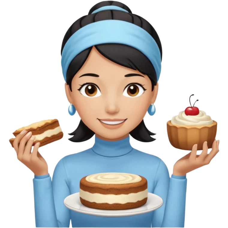  tan skin woman with long face, and short black hair slicked back ponytail with forehead showing, wearing a light blue headband and wearing pale blue turtleneck shirt, eating tiramisu smiling with middle parted hair emoji