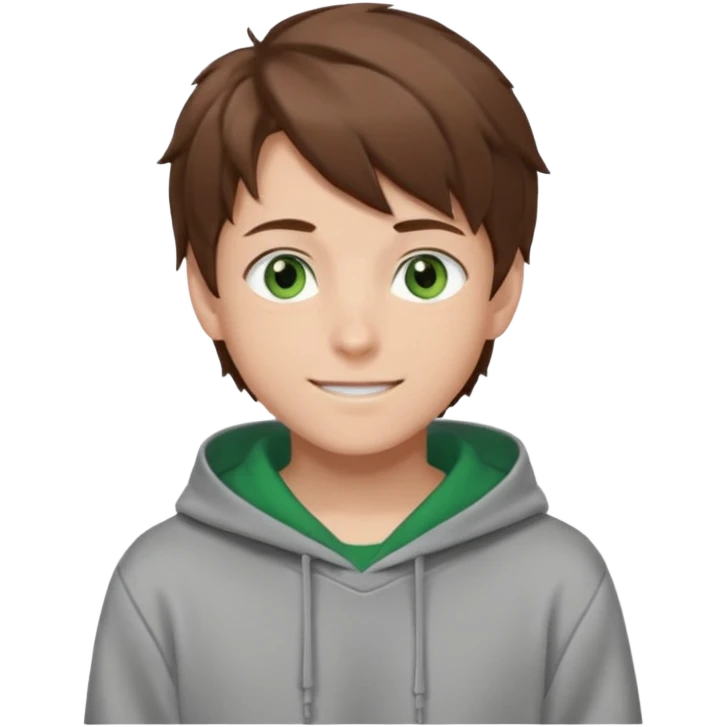 the face of an Anime teen boy with brown hair, green eyes, looking smiling slightly sideways positioned. Face must be main filling of the emoji. A little piece of hoodie can be visible. 128px emoji