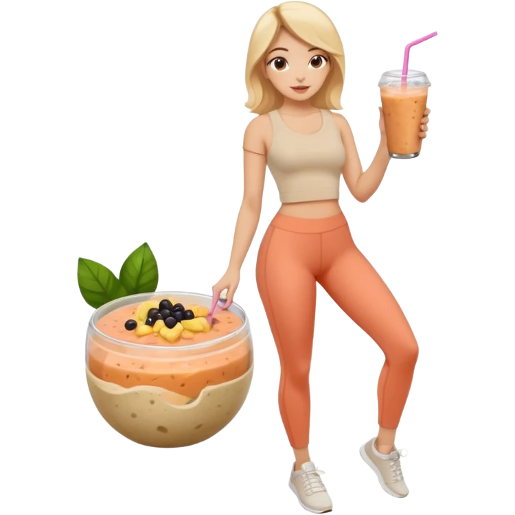 a young woman full length in a beige top and leggings and white sneakers with a passion fruit smoothie in one hand and a salmon poke bowl in the other hand emoji