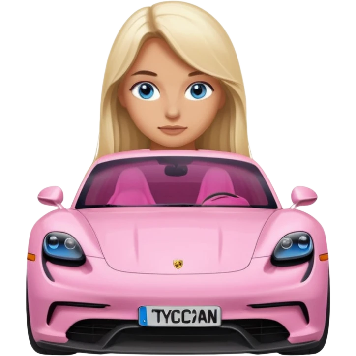 pink Porsche taycan with blonde girl, long hair, blue eyes, front view point of view, no sunglasses, sexy emoji