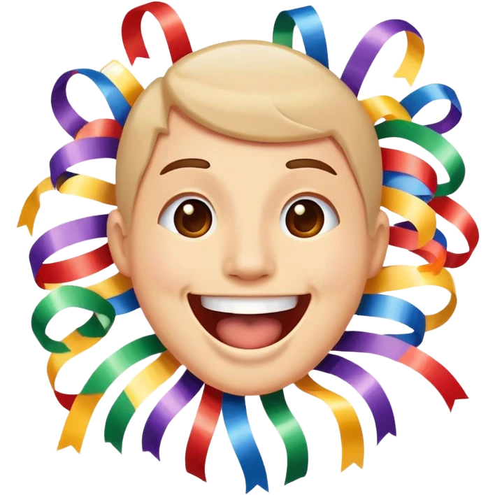 face with open mouth, smiling, surrounded by parade streamers emoji