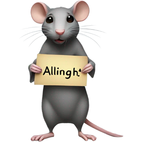 The rat is turned her head to the right, holds a sign with the inscription "ALINGHT" emoji