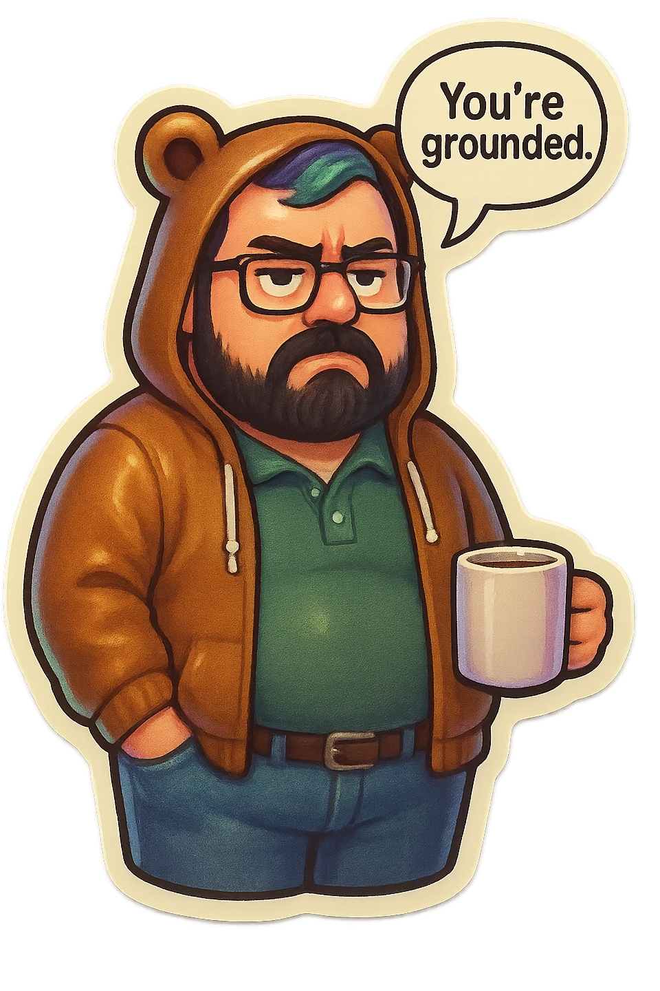 A realism art illustration art style of a plus-sizes man with purple to green ombre streak, black beard, blue eye, glasses, wearing a bear hoodie with ears,  dressed like a dad, holding a coffee mug, You’re grounded speech bubble, frowning  emoji