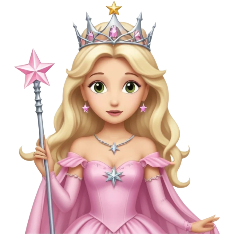 glinda the good witch from wicked movie (ariana) blonde hair, beautiful, big silver thin tiara, star wand, pink gown emoji