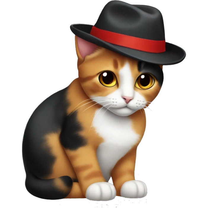 a calico cat wearing a red fedora hat with a black band in the style of the windows 10 emoji emoji