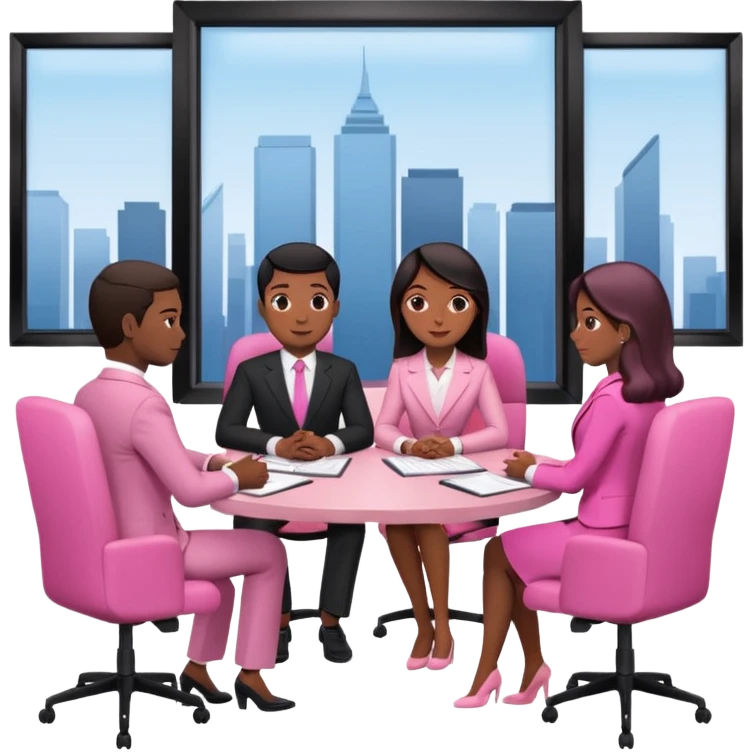 people in pink SPAM office setting having a SPAMGAGE meeting landscape  emoji