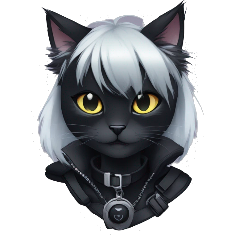 Gorgeous furry dark techwear anime style anthro black cat furry sona Fakémon aesthetic and pretty edgy black with collar and harness trending style emoji