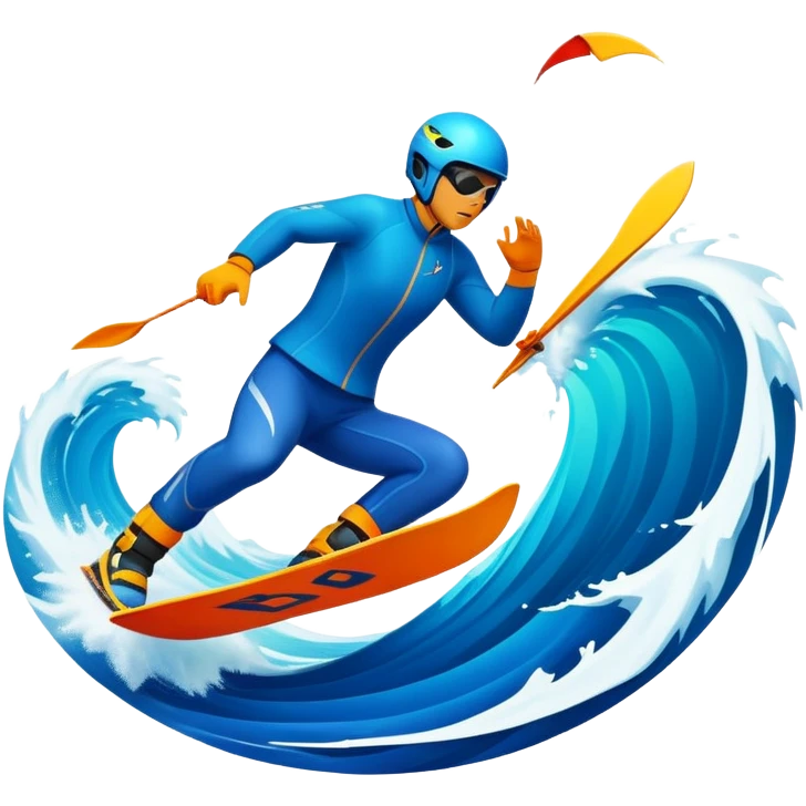 An emblematic symbol featuring a stylized figure in mid-action, representing extreme sports. The design incorporates dynamic lines and bold shapes, with elements like mountains, waves, and flying objects, capturing the thrill and adrenaline of various extreme sports in a single, unified icon. emoji