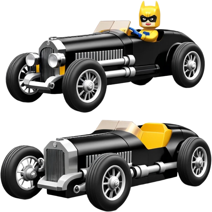 Batgirl’s Lego black Bare bones chopped streamlined sporty roadster (stripped down) hot street rodded engine sports car 1932 Rolls Royce Woody futuristic electric spaceship motors and lightning dynamos with wide racing wheels that are held strong by advanced suspension and steering emoji