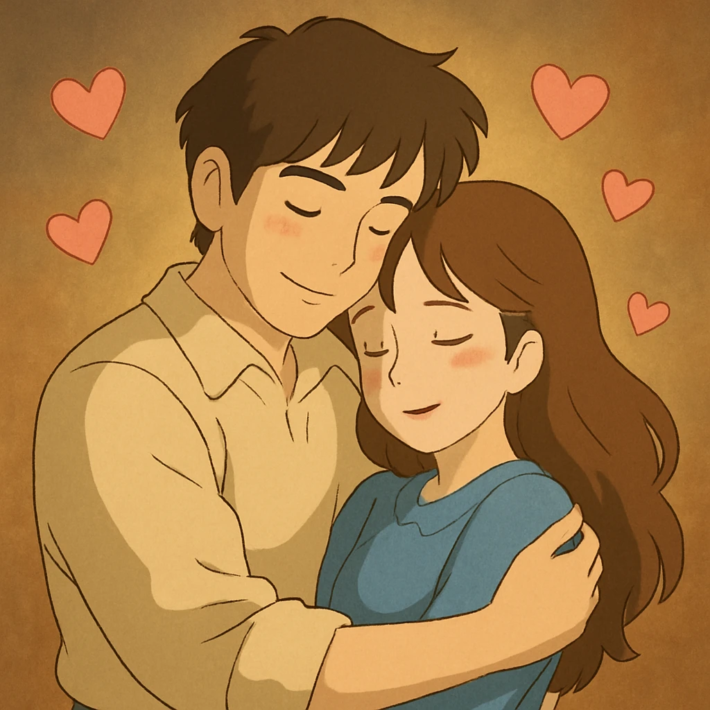 man and woman holding each other love theme gentle lighting hearts accent in ghibli style emoji