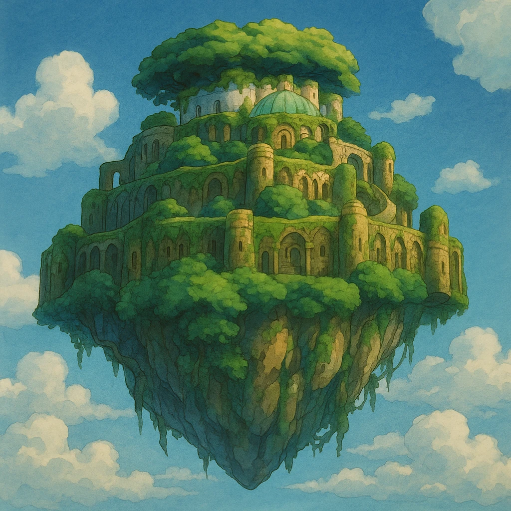 Laputa, the floating island from 'Le Château dans le Ciel' by Studio Ghibli, lush greenery, ancient stone structures, magical whimsical atmosphere, original cartoon style emoji