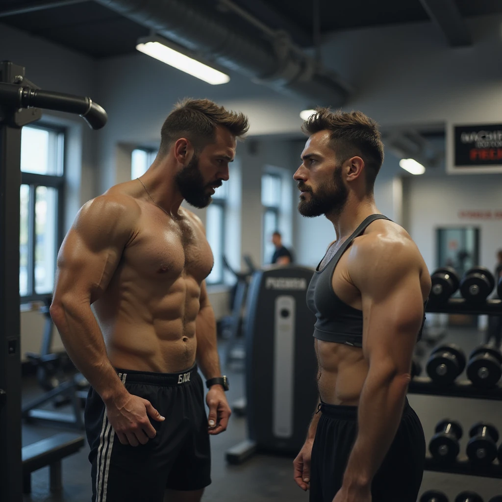 adult man in modern gym, indecisive expression, standing between an isotonic machine and a free weights rack, looking alternately at both options, wearing sportswear, atmosphere of doubt, realistic details, background sign saying 'Macchine isotoniche o pesi liberi?', 4K quality emoji