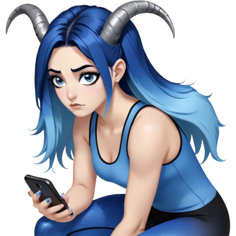 Disapponted-big tears-head back texting on phone-very very large upper body-sexy face-bending forward at waist-very long very straight dark blue to light blue ombre hair-and-blue eyes-thick black eyeliner-cute goat horns-iridescent blue lowcut tanktop with black leggings with glitter superman logo emoji