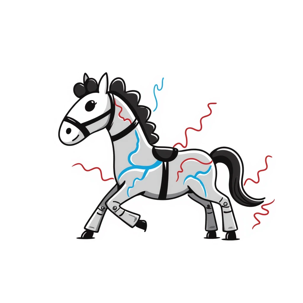 fast electric horse made of electricity, metal plates, bolts, visible blue and red wires, lightning coursing through its body, mechanical look emoji