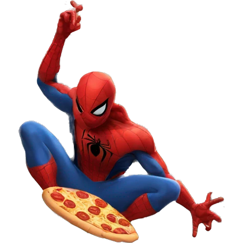 Spider man sitting on building eating pizza emoji
